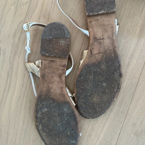 Tabitha Simmons Gold and White Flat Leather Sandals Size 39.5 - Picture 3 of 3